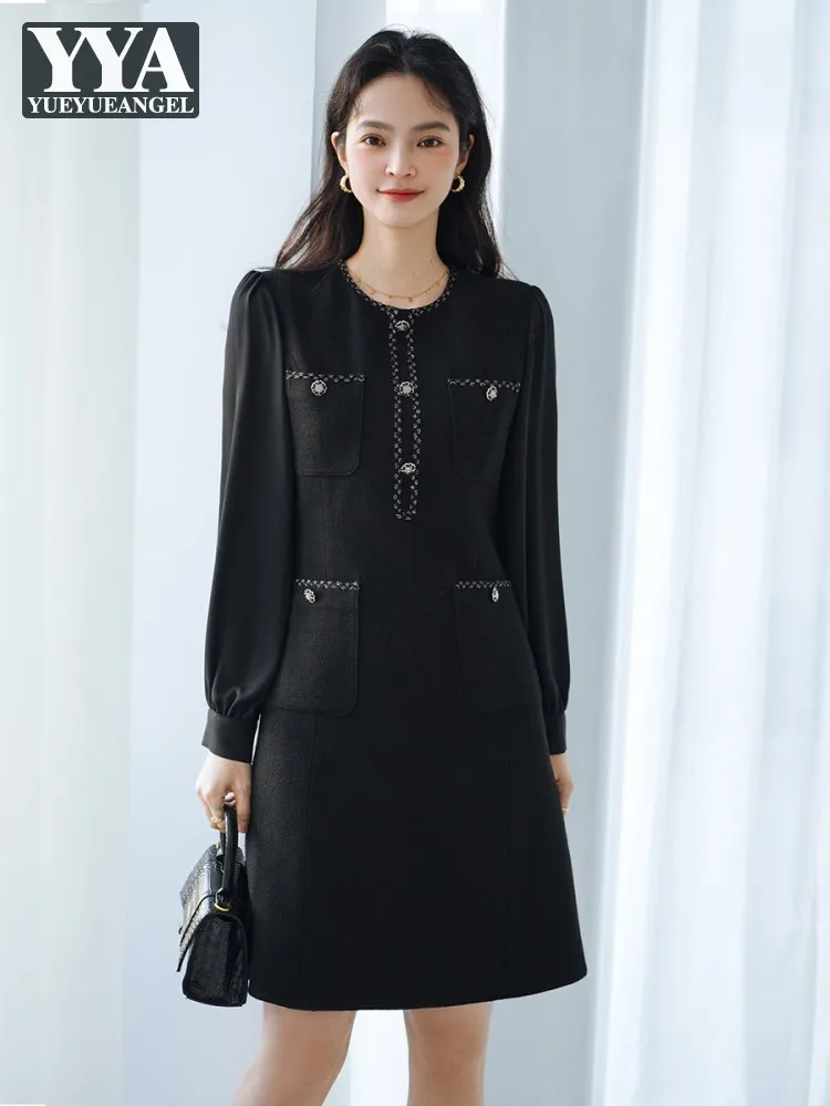 Office Ladies Elegant Long Sleeve Black Dress Designer Slim Fit High Waist O-Neck New Spring Women Fashion Short A-Line Dresses