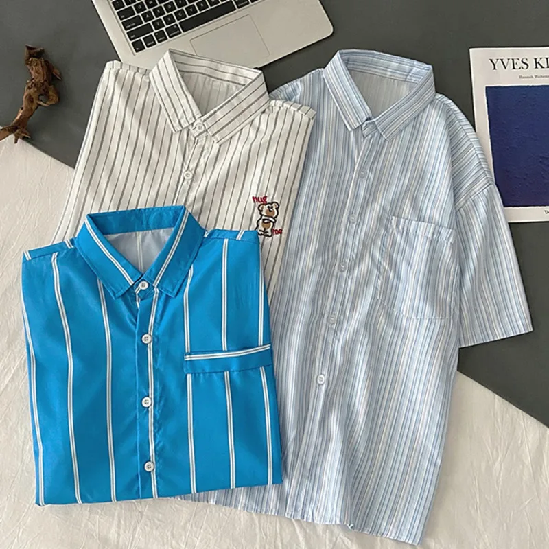 

Summer Striped Shirts Womens Vintage Bear Embroidery Blouses Short Sleeve Tops Loose Female Holiday Beach Clothes