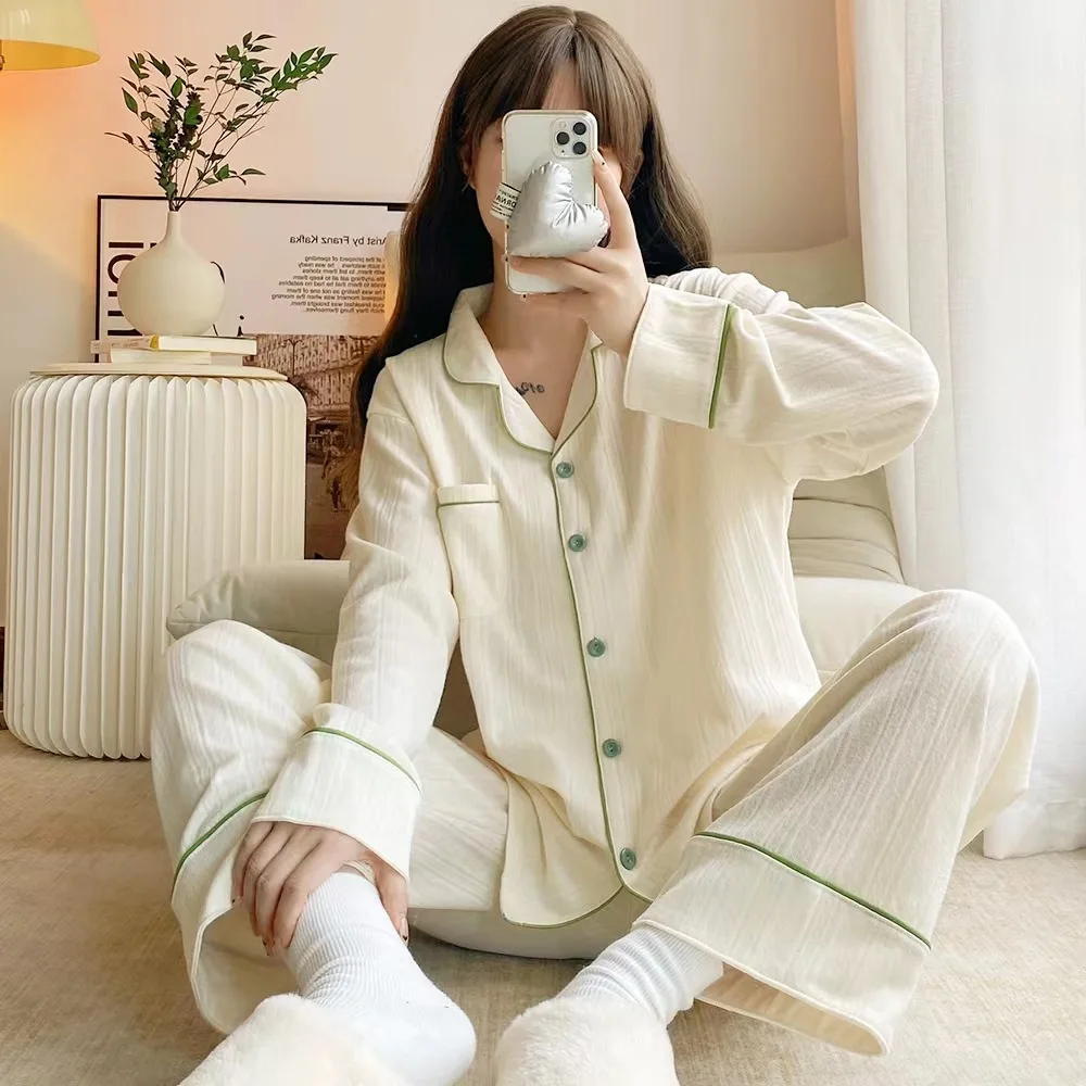 Fdfklak New Lapel Long Sleeve Pajamas For Women Pyjama Cotton Spring Autumn Ladie's Sleepwear Set Korean Casual Home Clothes
