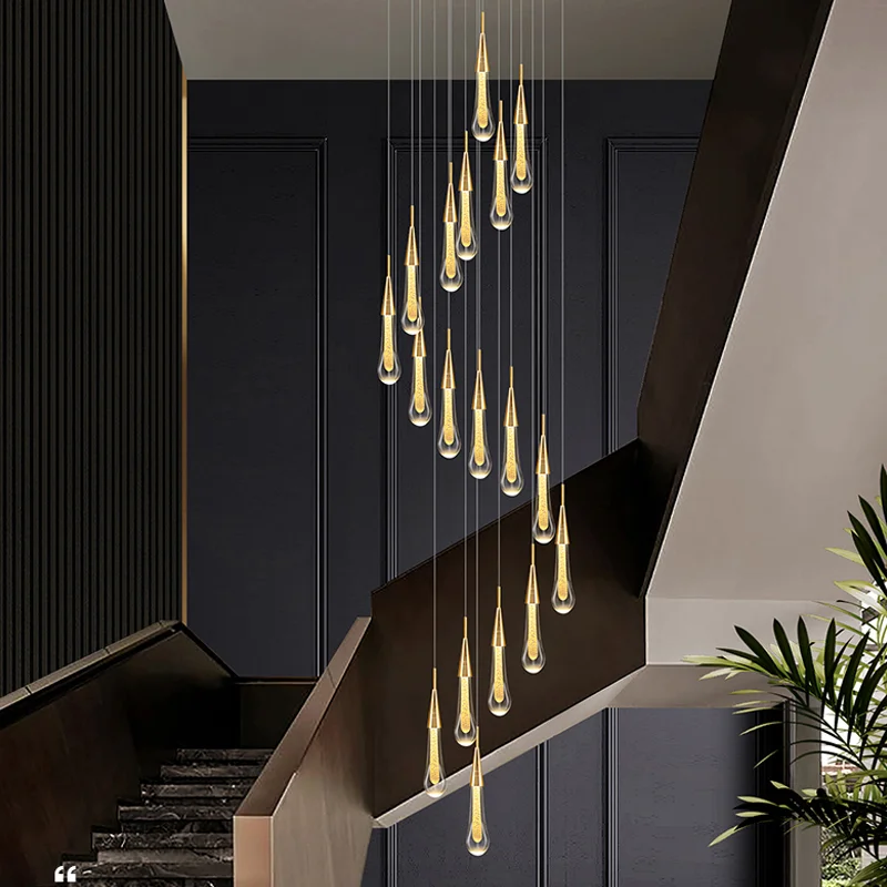 

Staircase Crystal Raindrop Pendant Lights Golden Foyer Pendant Lighting Entrwey High Ceiling Chandeliers LED Dimmable Fixtures