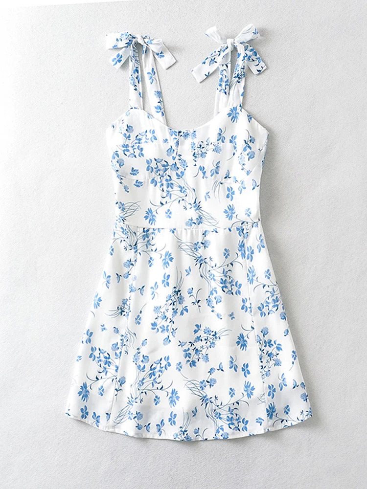 

Women Strappy Camisole White Chiffon Dress Summer Backless Blue Floral Print Elastic Mini Dresses 2022