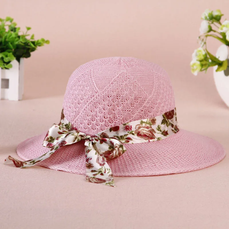 

Summer Girls Sun Hats Wide Brim Bowknot Straw Hat with Ribbon Outdoor Sun Protection Women Hats Soild Color Ladies Panama Caps