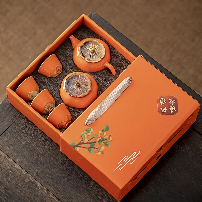 

2023 NEW Creativity Ceramic Ruyi Tea Set Gift Box Set Persimmon Can Tea Cup Kung Fu Tea Wedding Celebration