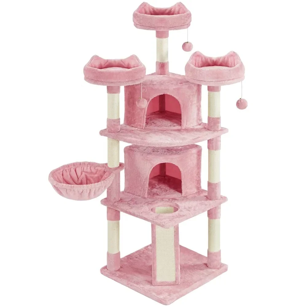 

69'' H Cat Tree Cat Tower with Condos Platforms Scratching Posts, Pink Cat Climbing Frame