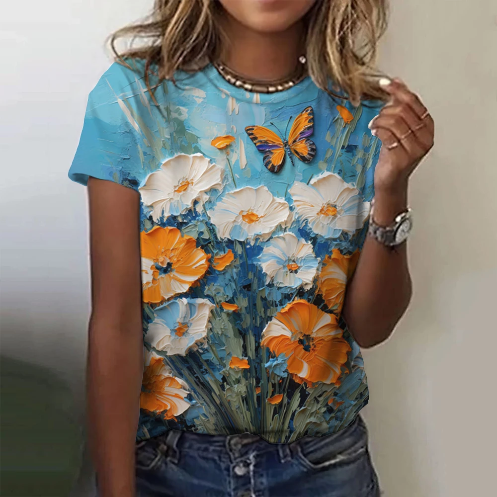 

Fashion Women's T-shirt with Floral Theme Graphic 3D Printed Short Sleeve Summer T-shirt oversized Polyester Fiber Clothing