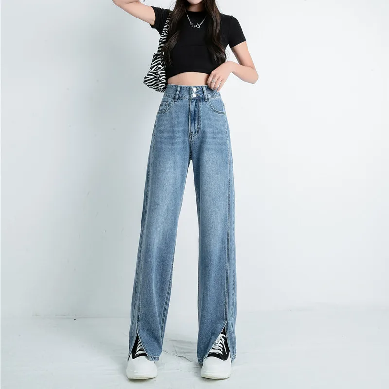 

Летние тонкие Удлиненные джинсы для женщин, модные широкие брюки с высокой талией, женские прямые укороченные джинсовые брюки