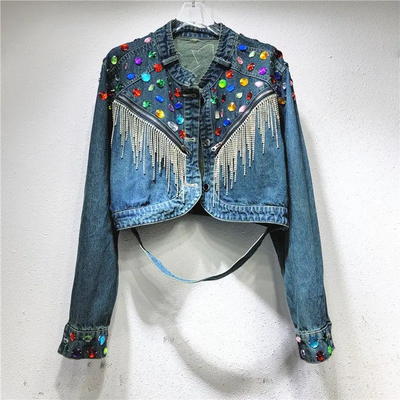 

Spring Autumn Rhinestones Tassels High Waist Denim Jacket Rainbow Color Diamonds Beaded Jeans Coat Fringed Cardigan Crystal Tops