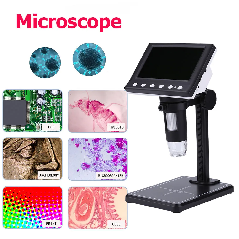 

1000X2MP Digital Microscope 4.3 Inches HD Electronic LCD Video Soldering Microscope with 8 LED Lights Bracket for Watch Repair