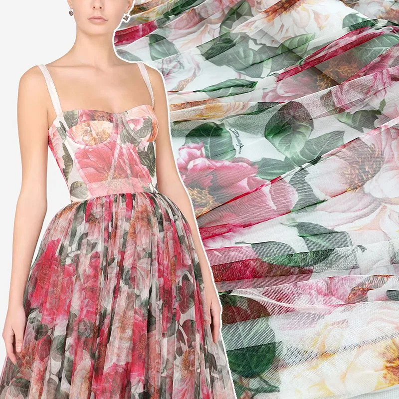 

Peony Flower Print Polyester Mesh Fabric Luxury Brand Thin Spring Summer Vacation Fashion Women Clothing Cloth for Dress Meter