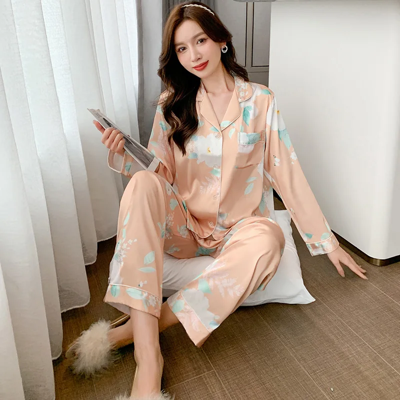 Female Pajamas Two Pieces Set Spring Autumn Homewear Long Sleeves Sleep Suits Silk Satin Plaid Print Pijama Home Cloth