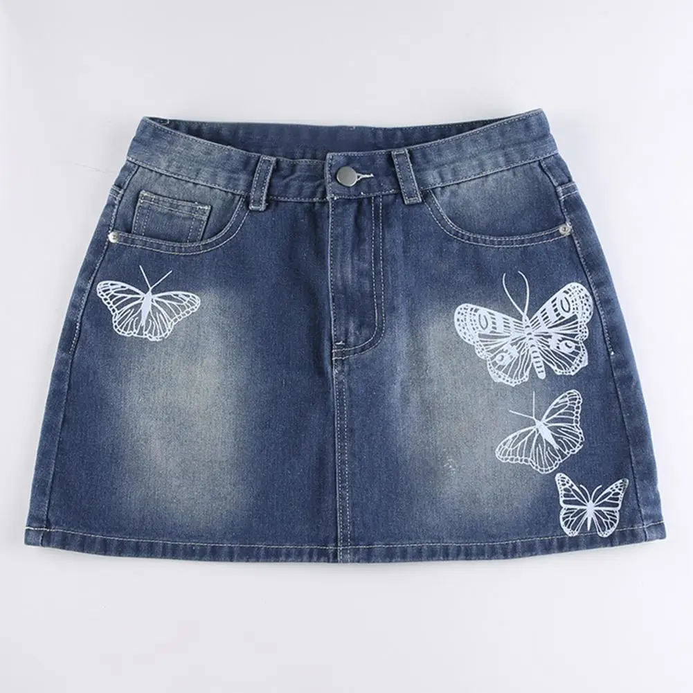 

Summer Girl Skirt Butterfly Print Summer Skirt Zip-up Denim Skirt