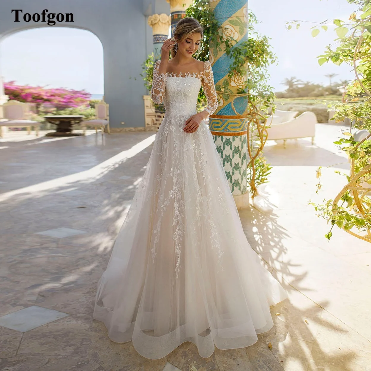

Toofgon Delicate Lace Long Sleeves Wedding Dresses Nude Scoop Buttons Back Boho Bridal Wedding Gowns Formal Bride Party Dress
