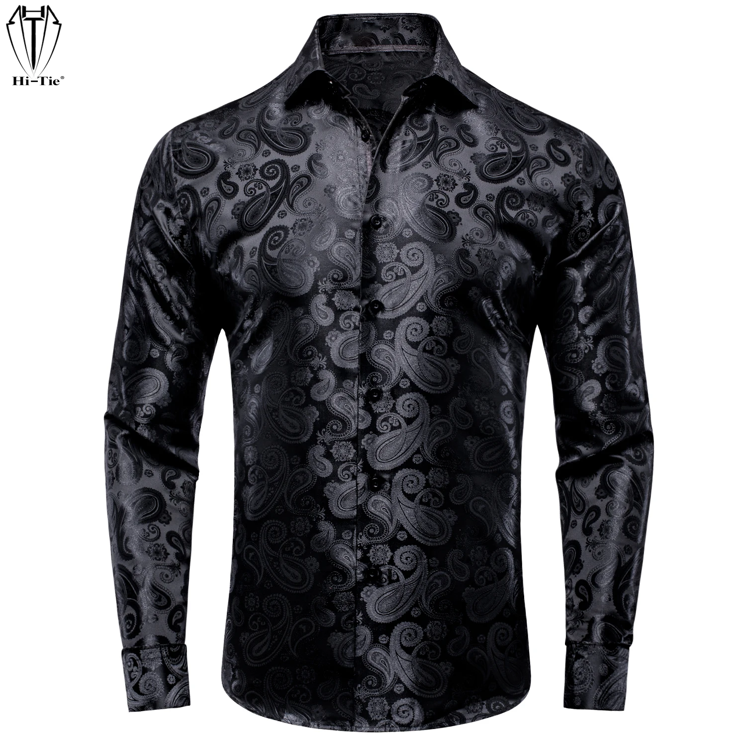 

Hi-Tie Black White Grey Silver Silk Mens Shirts Long Sleeves Jacquard Paisley Floral Solid Overshirt Slim Fashion Blouse Wedding