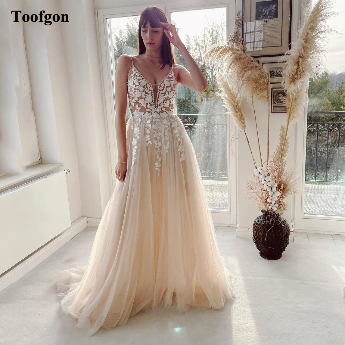 Женское свадебное платье в стиле бохо, с открытой спиной и V-образным вырезом