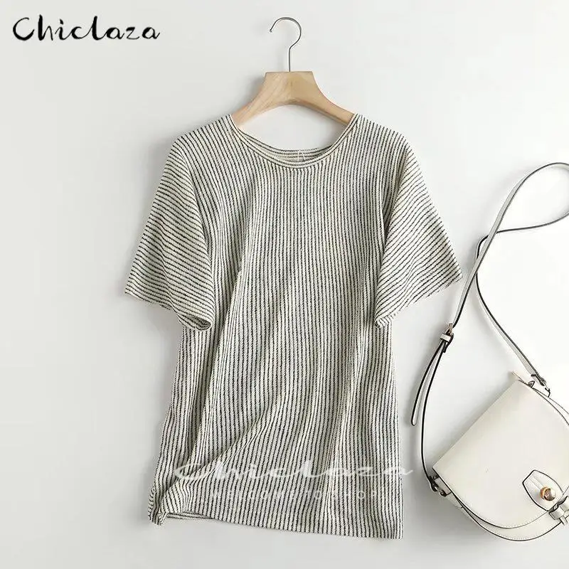 

CHICLAZA 2022 Spring Summer Women Fashion Short Sleeve Round Neck Striped T-shirt Female Casual Loose Tees Simple Tops