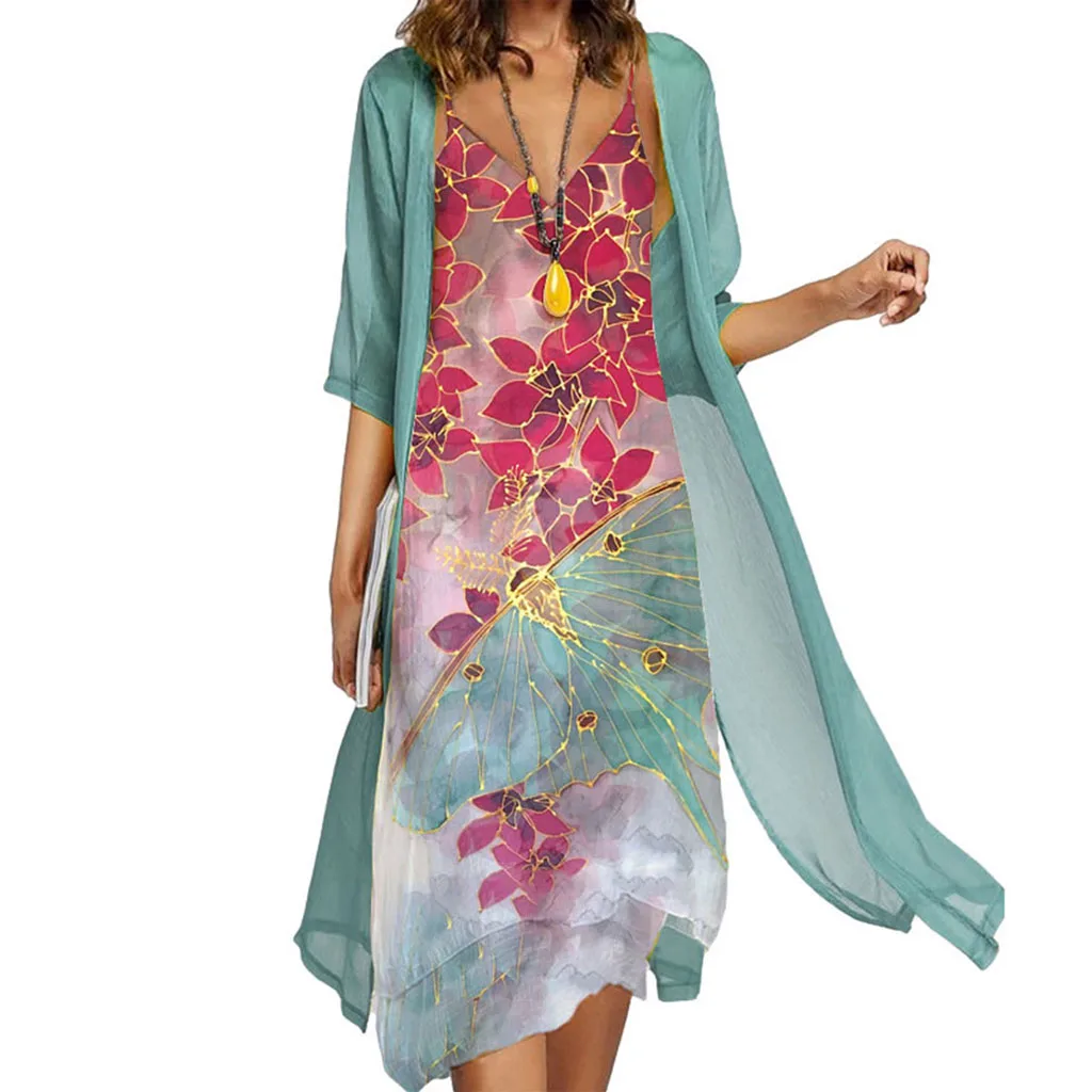 Элегантный Винтажный Комплект Миди С Принтом Женский Свободный Кардиган Круглым