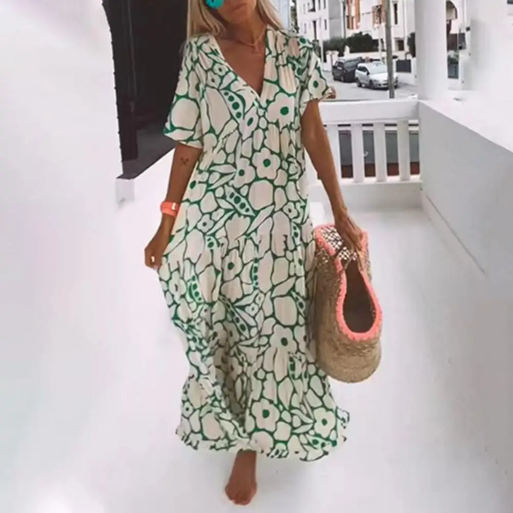 

Женское элегантное длинное летнее платье с принтом, удобное Привлекательное платье с V-образным вырезом для повседневных случаев