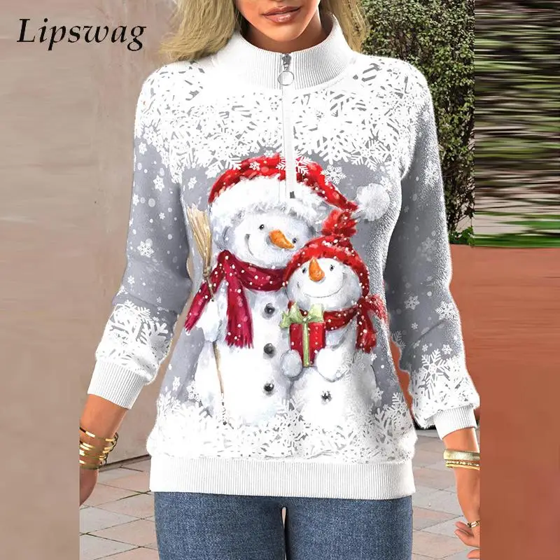 

Christmas Snowman Print Women Sweatshirt Casual Zip-up Stand Collar Pullover Tops Fashion Harajuku Long Sleeve Loose Sweatshirts
