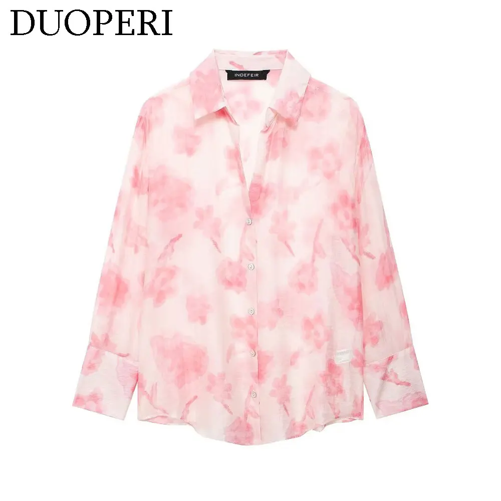 Модная женская рубашка DUOPERI с принтом отворот воротник длинные рукава Женская