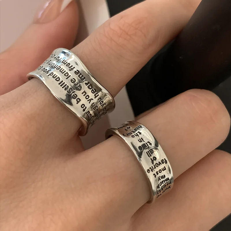 

925 Sterling Silver Irregular Letters Open Rings for Women Female Simple Retro Style Handmade Fine Jewelry Bijoux Birthday Gift