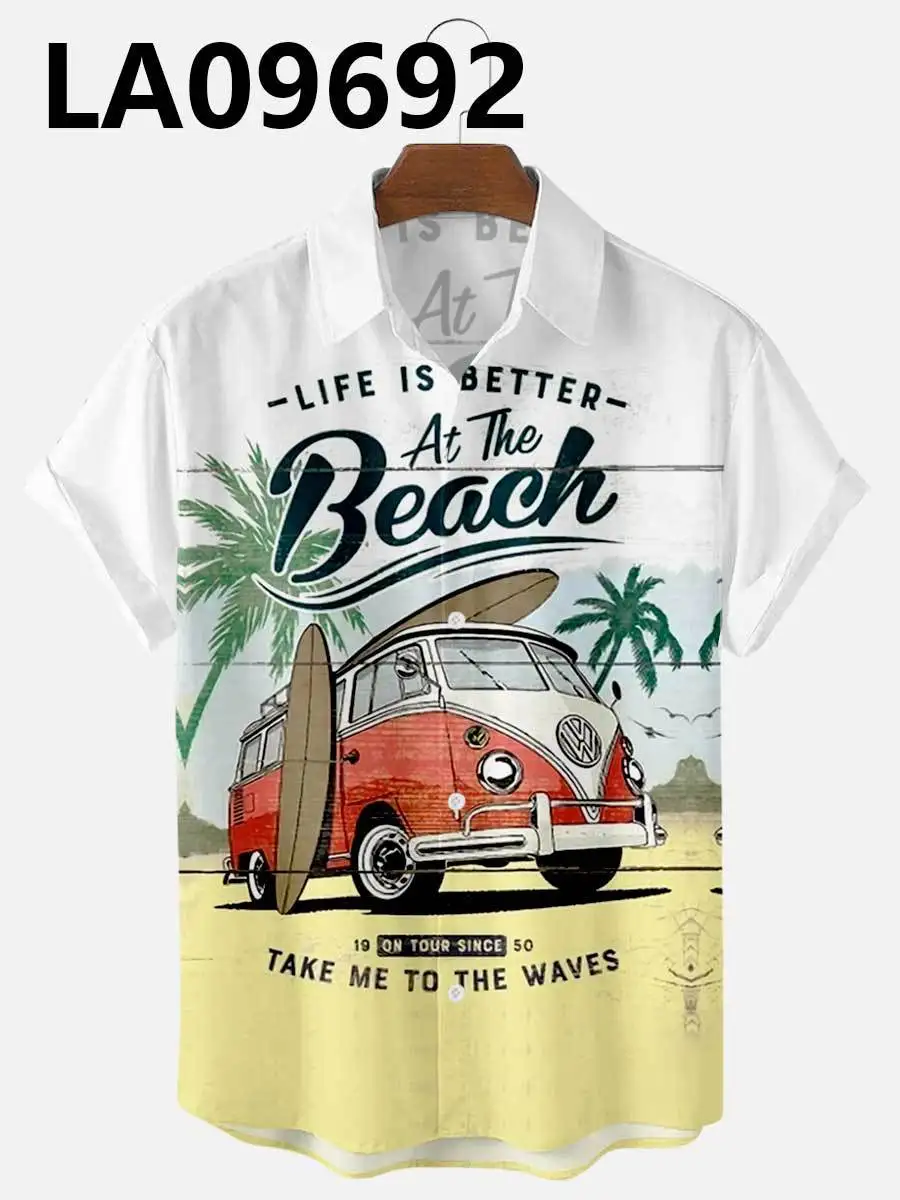 2022 Men's Short Sleeve Hawaiian Shirts Summer Car Digital Printing Casual Vacation Shirts Plus Size Beach Clothing