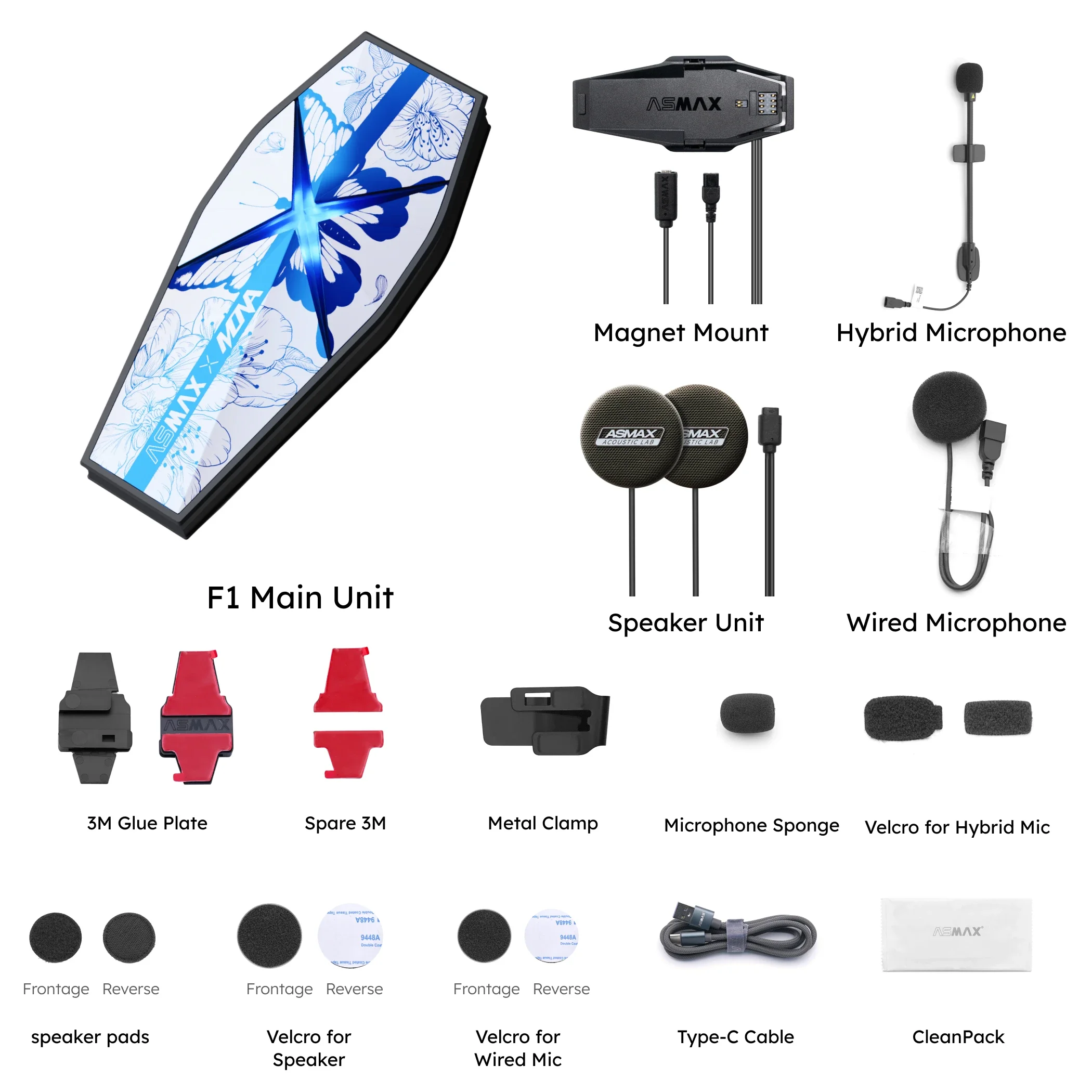 

ASMAX F1 PRO MAX Мотоциклетный Bluetooth-домофон 45 мм, динамики для шлема, сетчатая связь, голосовое управление AI, аккумулятор 1350 мАч