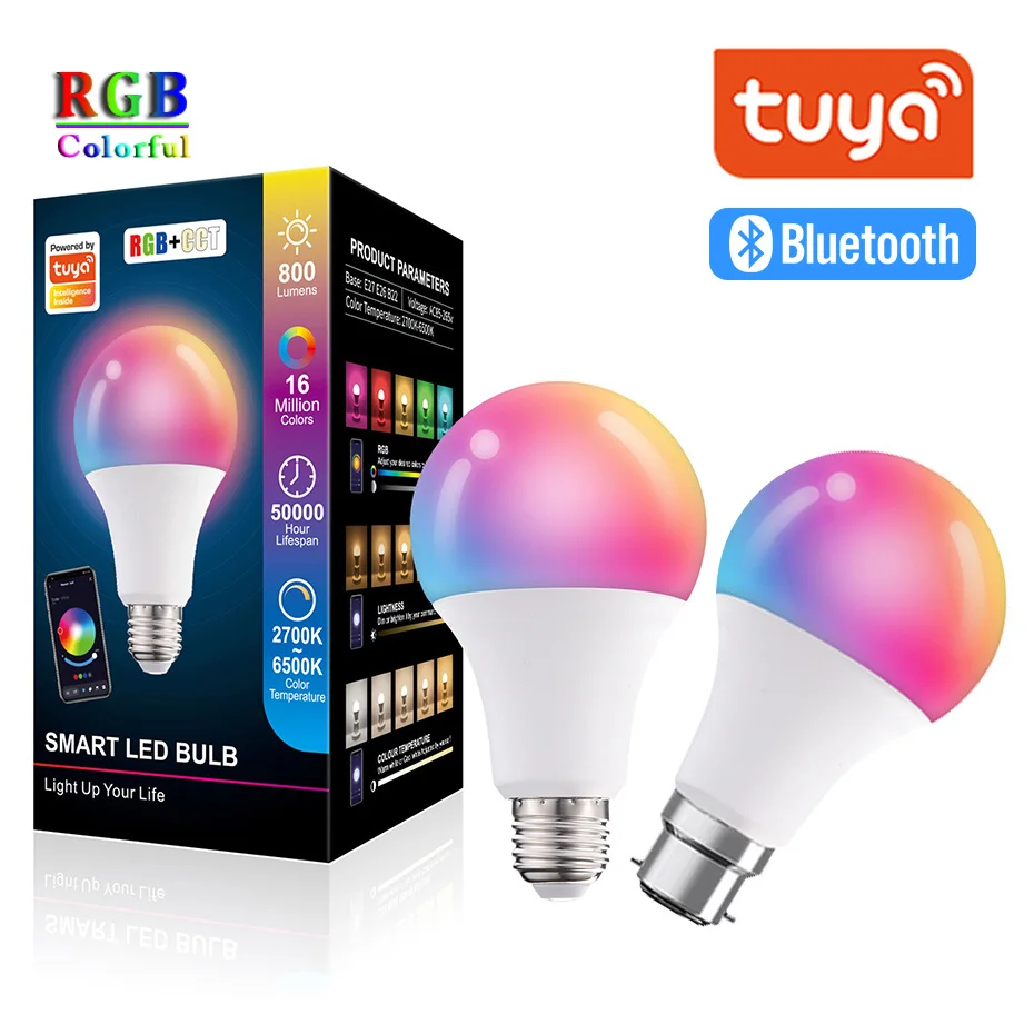 

Умная Светодиодная лампа Tuya с Bluetooth, 15 Вт, E27, B22, RGB, управление через приложение