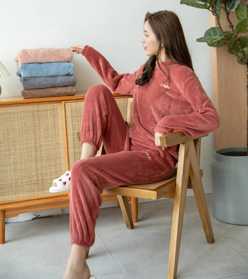 Winter Thicken Flannel Pajamas Set Plush Fleece Warm Pijama Solid Sleepwear Long Sleeve Casual Homewear Home Suit Lounge Set Pjs