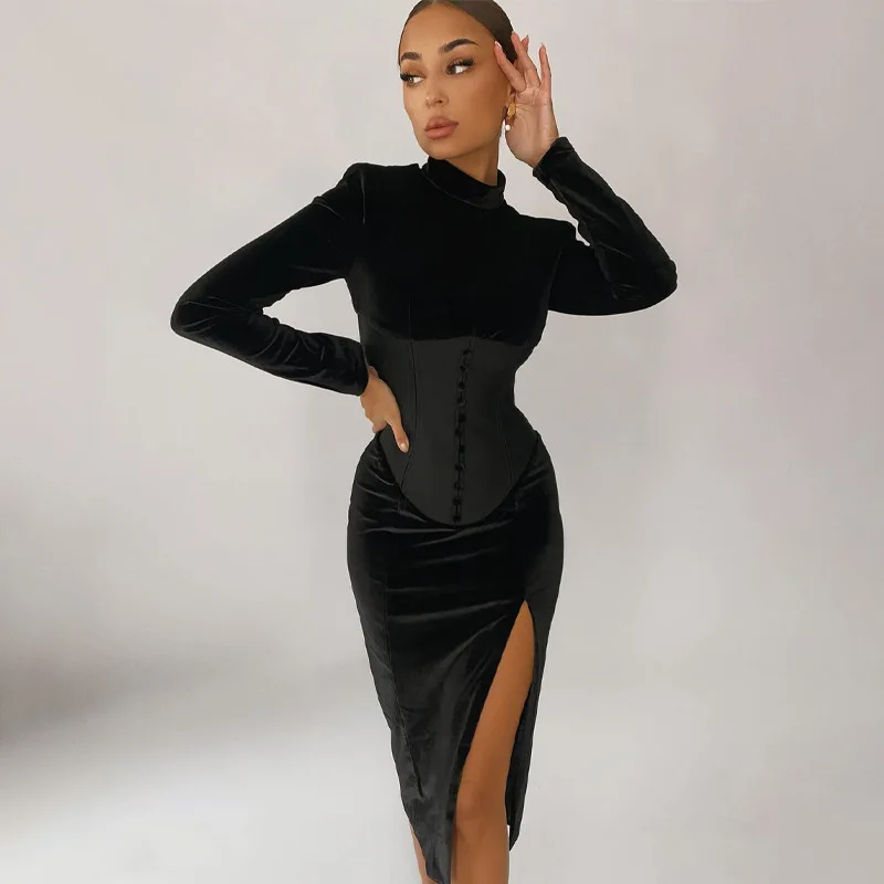 

European and American Style Spring New Women's Clothing Solid Color Temperament Long Dress Fashion Stand Collar Stitching Korean