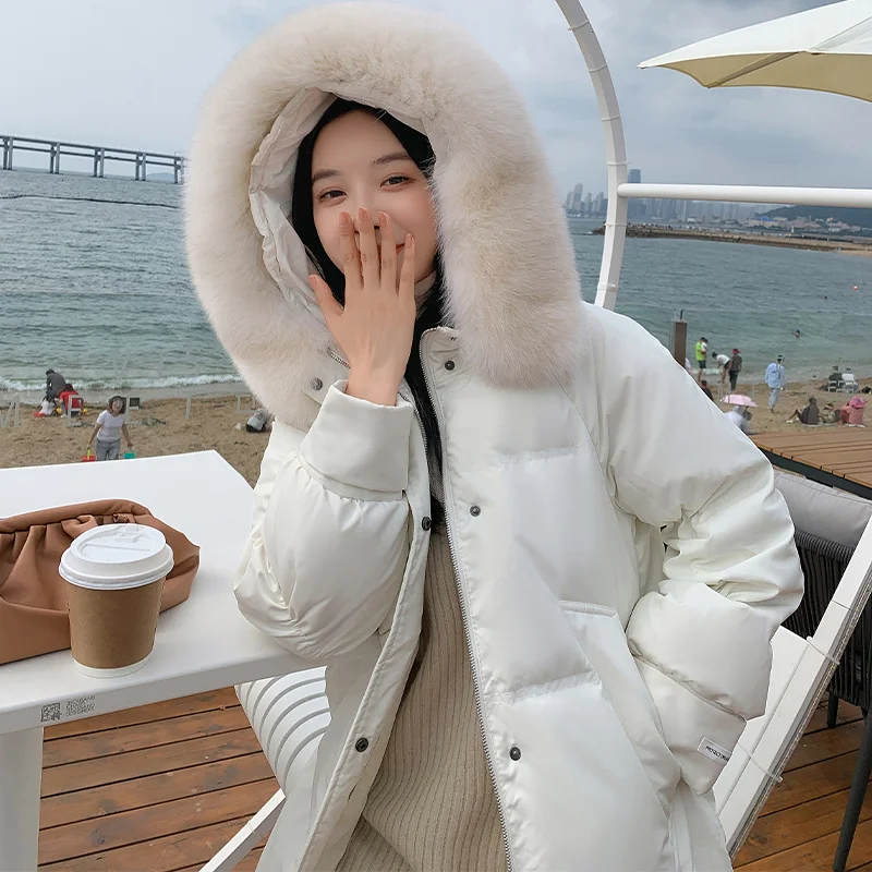 New Winter Coat Women Korean Thickened Cotton Jacket Women Artifical Fur Hat Long Loose Bread Coat Elegant Fashion Parkas