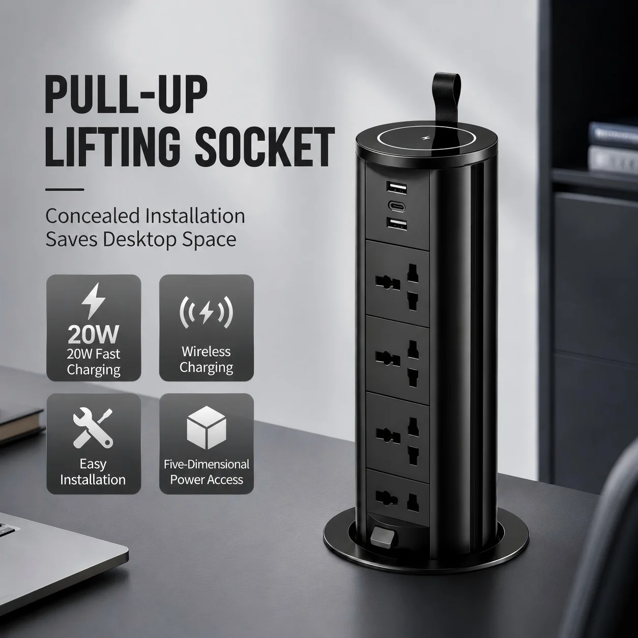 Фото Выдвижная встраиваемая розетка с USB-C и беспроводной зарядкой, скрытая розетка для стола и кухонного острова, совместимая с стандартами ЕС, США, Великобритании №1