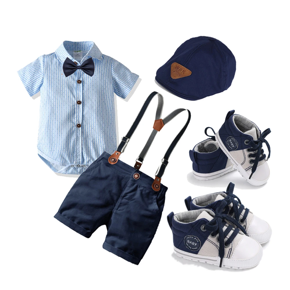 Baby Boy Clothes Set 1 Year Old Boys    New Born Gentleman Bow Tie Striped  Romper + Suspender Pants