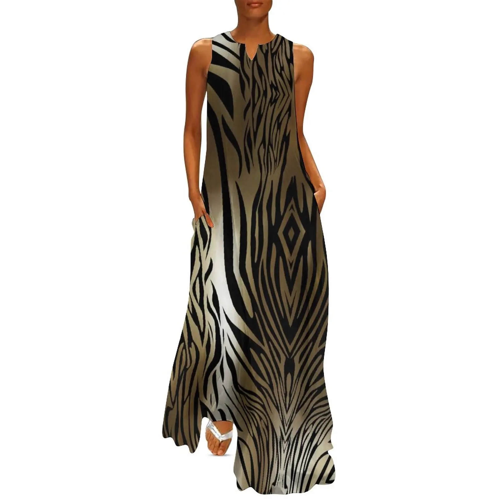 

Classic Tiger Print Dress Animal Fur Cute Maxi Dress Streetwear Casual Long Dresses Summer V Neck Printed Vestido Large Size