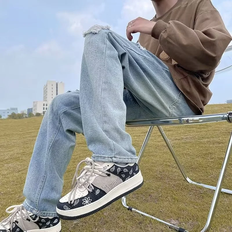 Summer Blue Ripped Jeans Men Fashion Retro Straight Jeans Men Streetwear Hip-hop Loose Hole Denim Pants Mens Trousers S-3XL