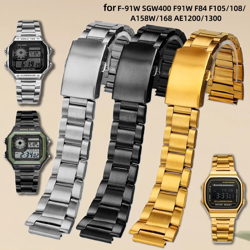 Фото Ремешок для часов из нержавеющей стали 18 мм для Casio F-91W SGW400 F91W F84 F105/108/A158W/168 AE1200/1300, металлический ремешок из нержавеющей стали №1