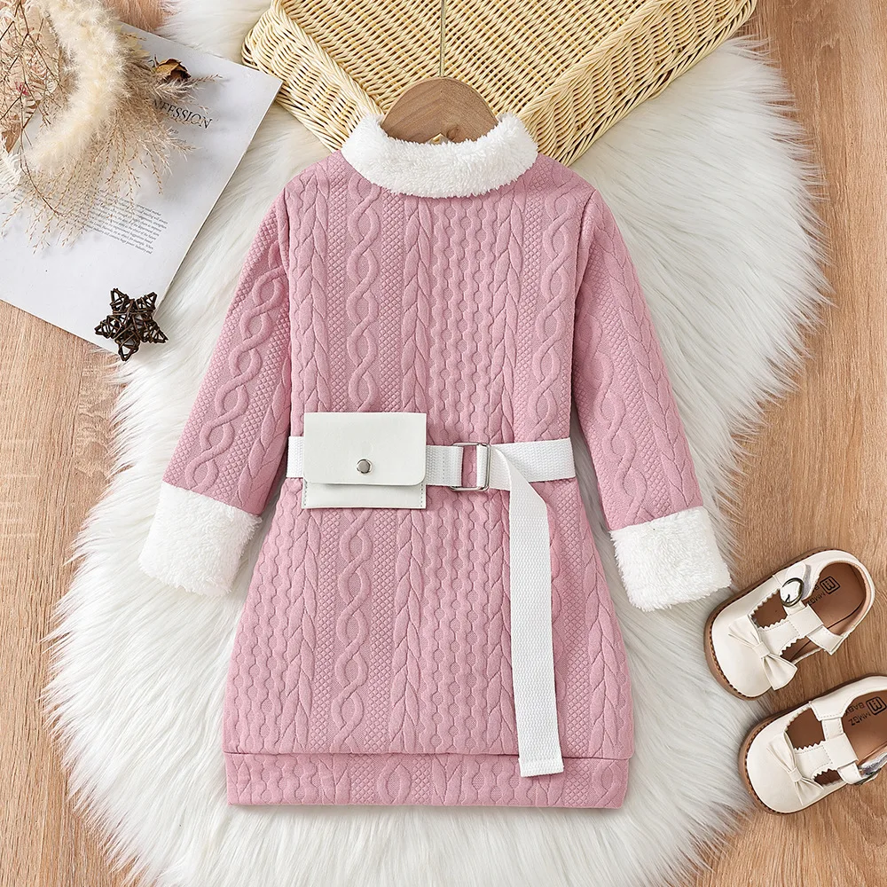 

2022 Winter 4-7Y Toddlers Baby Girls Knit Ribbed Dress Fluffy Neck Kid Chrismas Clothes Fashion Princess Chirld Sweater Dresses