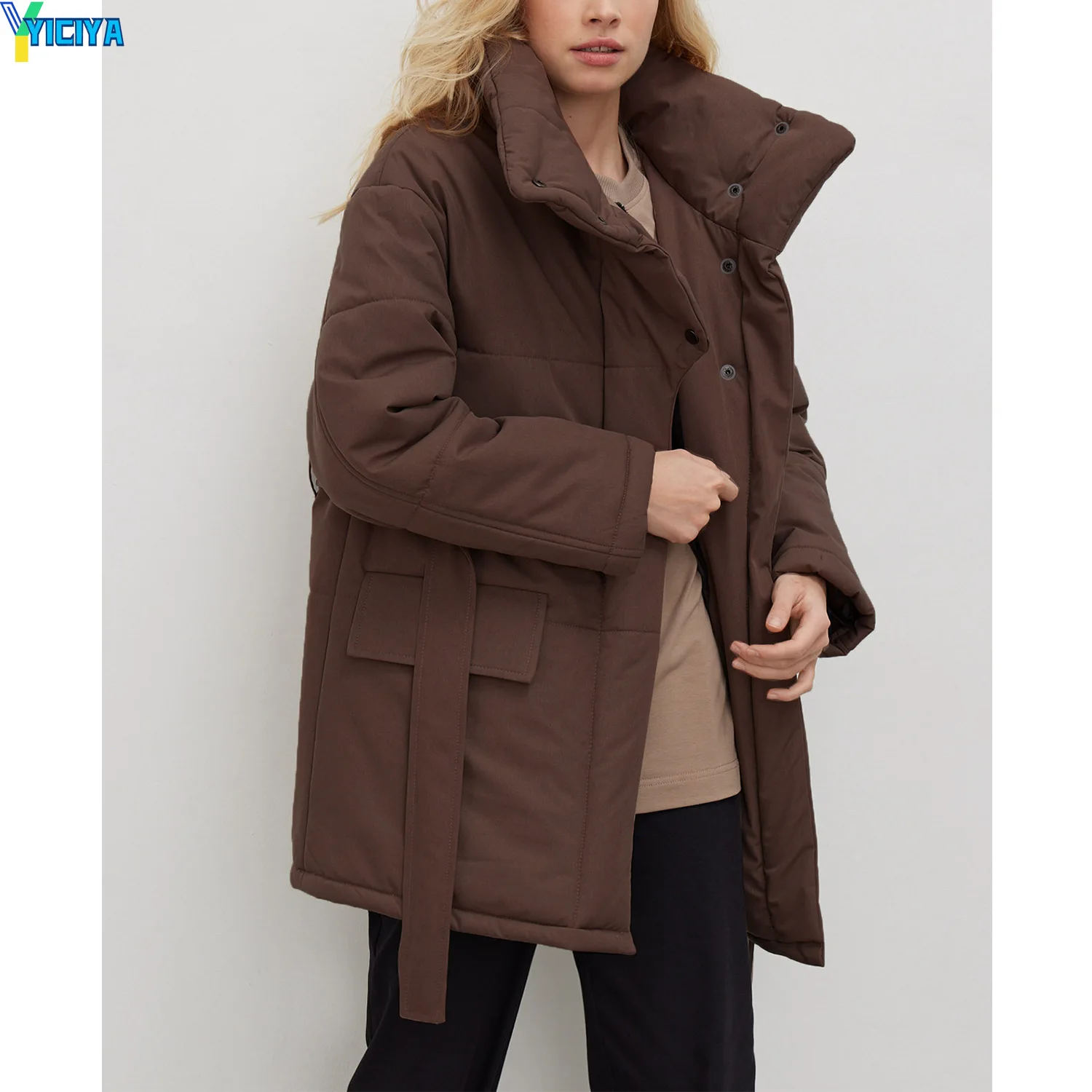 YICIYA Warm Winter Parkas For Woman 2023 Oversize Straight Thick Button Coats Casual Cotton Padded Jackets With Belt For Women