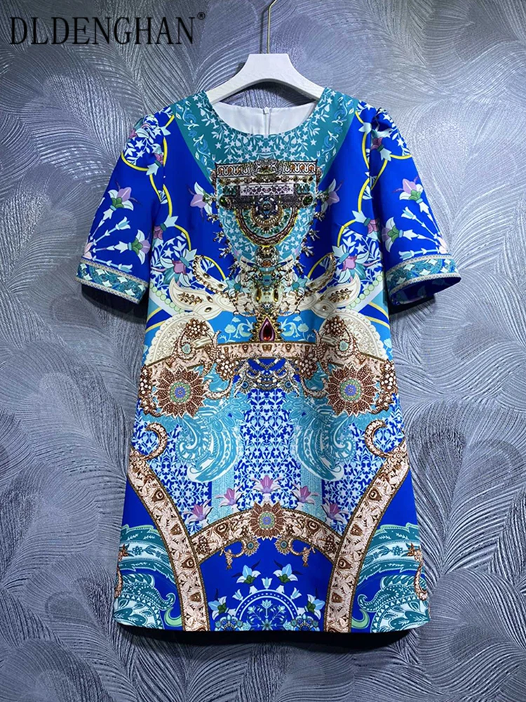 

Женское платье DLDENGHAN на раннюю осень, платье с круглым вырезом и коротким рукавом, с кристаллами и стразами, винтажный принт, модные дизайнер...