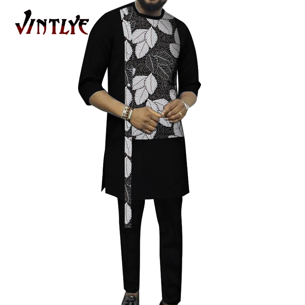 Bazin Riche African Clothes for Men 2 Pcs Set Hip Hop Long Sleeve Shirt and Pant Dashiki African Traditonal Men Outfit WYN1197
