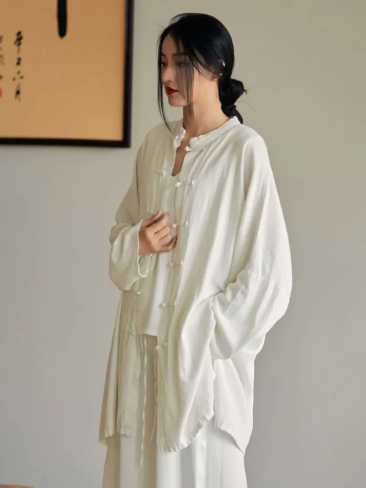 Женская льняная блузка на пуговицах Johnature однотонная Свободная рубашка в