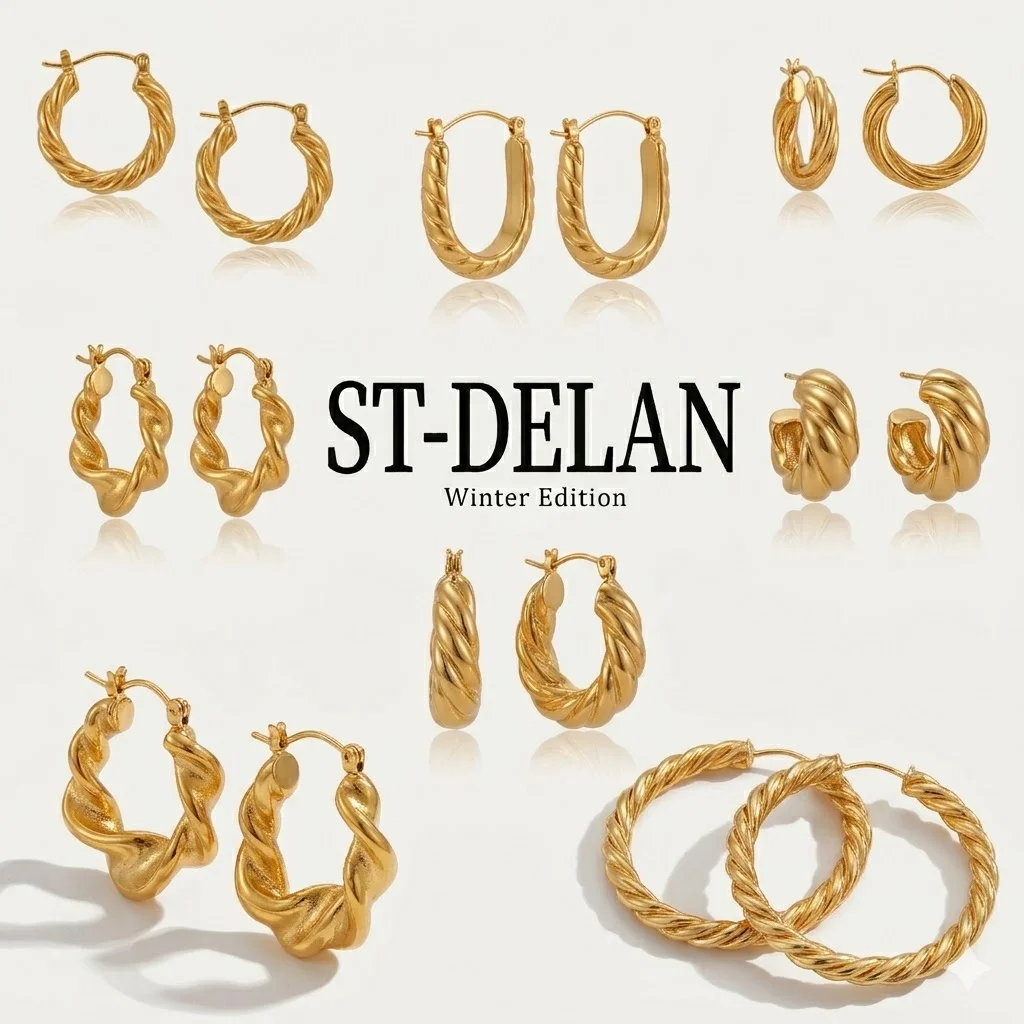 Фото Серьги-кольца St-Delan 7 Styles of Twisted Croissant — позолоченные 18-каратным золотом серьги-кольца и пусеты из нержавеющей стали для женщин №3