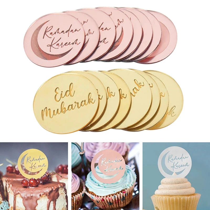 

10 Pcs Eid Mubarak Acrylic Cupcake Topper Gold Ramadan Kareem Cake Topper Islamic Muslim Festival Cake Diy Decorations