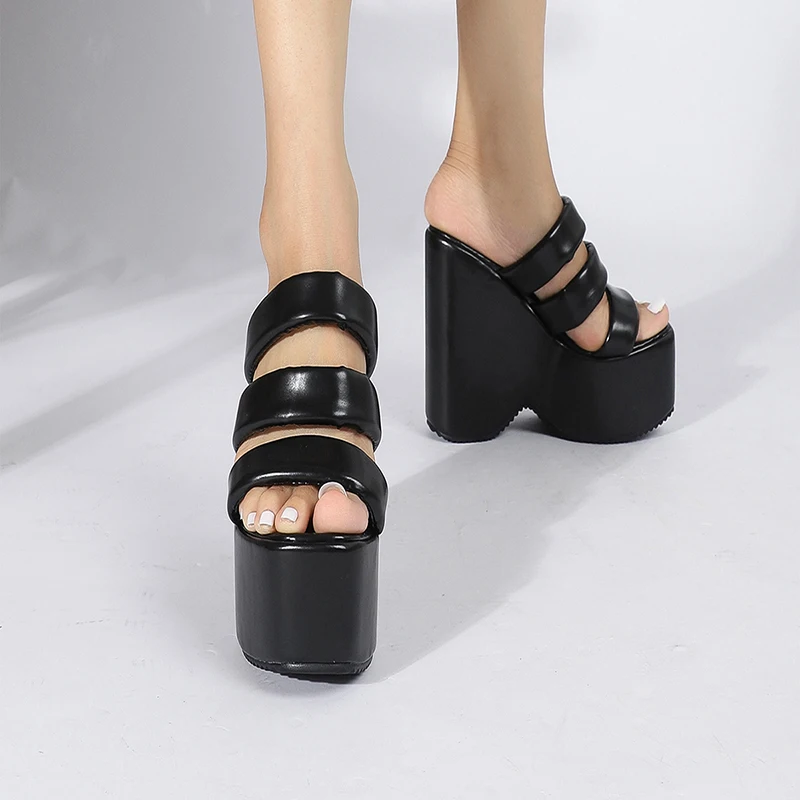 ZOOKERLIN Platform Wedges Black PU Leather Women's Slippers Summer Hollow 14CM High Heels Size 35-42 Slip On Slides Ladies Shoes