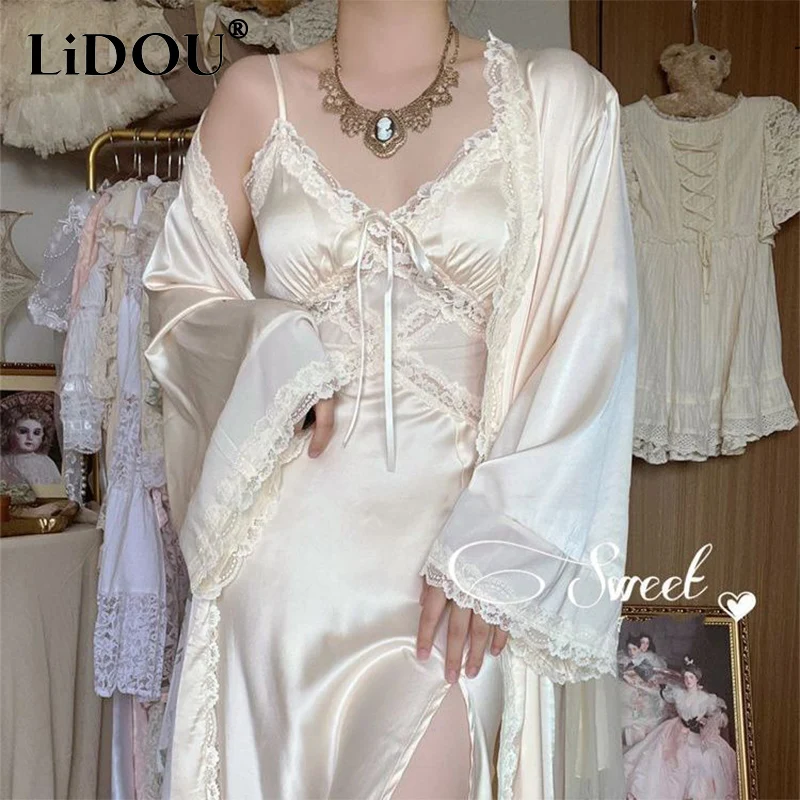 

Spring Summer Sexy Lace Patchwork V-neck Nightgown Women Skin-friendly Slip Robe Set Lady Slit Sleepwear Home Wear Loungewear