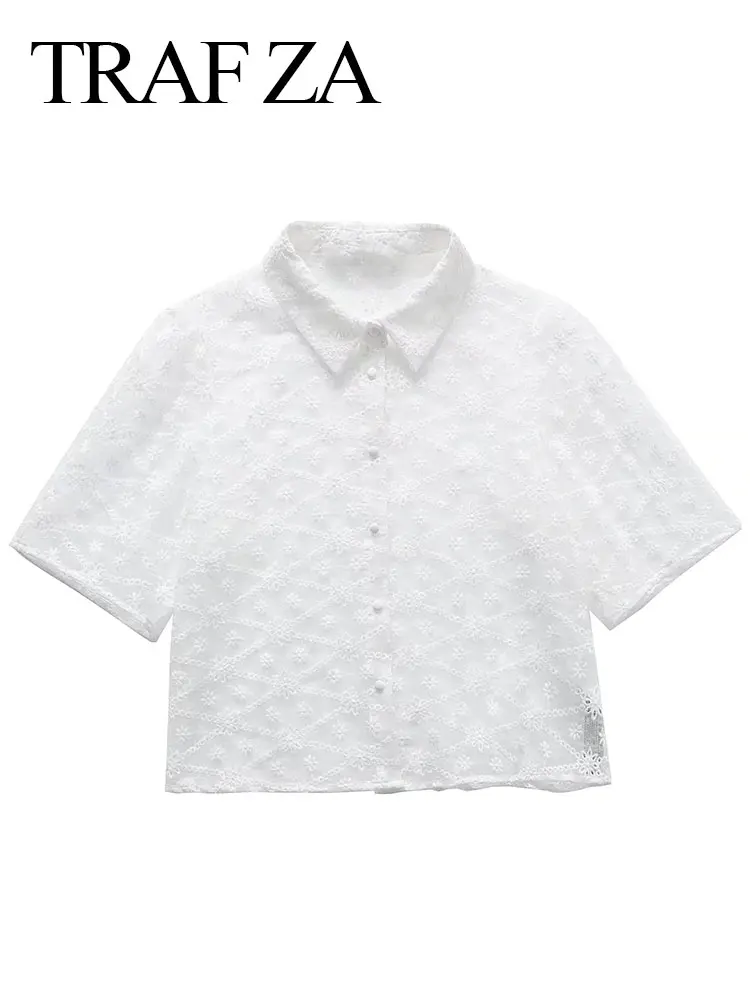 

TRAF ZA Elegant And Fashion Blouse Top Solid White Floral Lightweight Translucent Short-sleeved Lapel Button-down Shirt Summer