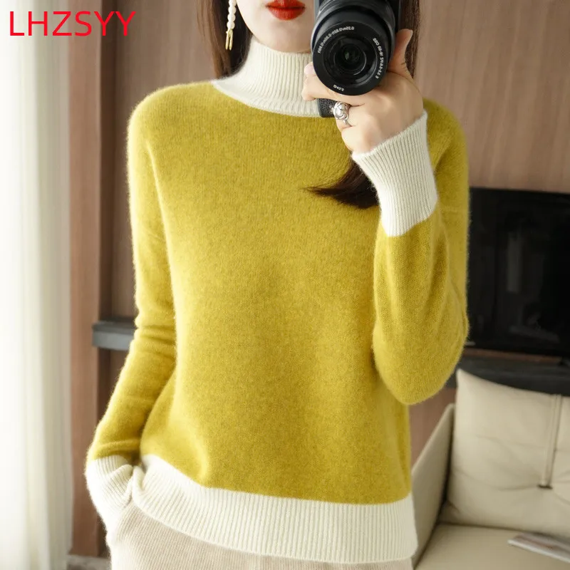 LHZSYY New Color-Blocking 100%Pure Wool Cashmere Sweater Women Winter Turtleneck Thick Simple Pullovers Korean Loose Knit Shirt