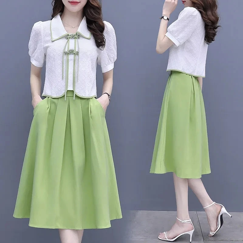 Женский винтажный костюм с юбкой белый топ коротким рукавом и пуговицами юбка