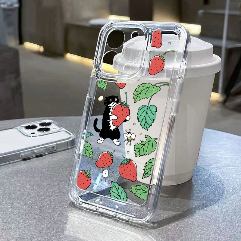 Мягкий чехол для телефона с рисунком клубники и кота iPhone 11 12 13 14 Pro Max 15 X XR XS 7 8 16 Plus
