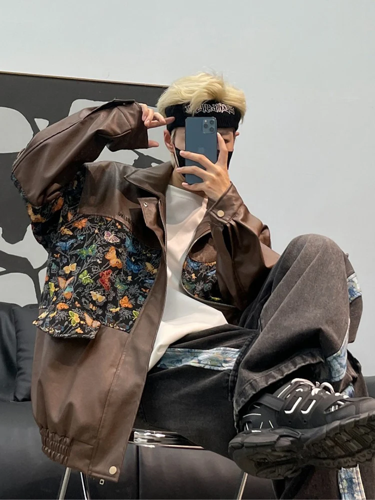 Американская лоскутная кожаная куртка с вышивкой мужская модная осенняя верхняя