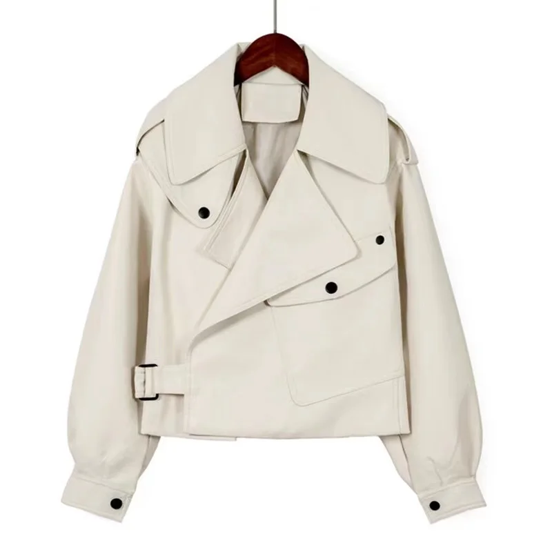 2023 New Fashion Women Autumn Winter Motorcycle Faux Leather Jackets Lady Long Sleeve Biker White PU Punk Streetwear Black Coats